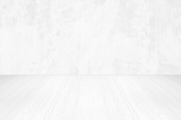 Empty white cement wall and wood floor background for product display montage, White concrete and wooden room backdrop template