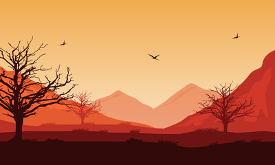 Very nice views trees and mountains at sunset on a warm afternoon. Vector illustration