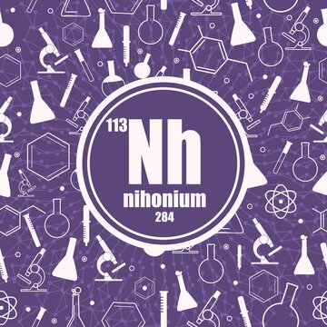 Nihonium chemical element. Sign with atomic number and atomic weight. Chemical element of periodic table. Connected lines with dots. Circle frame with icons.