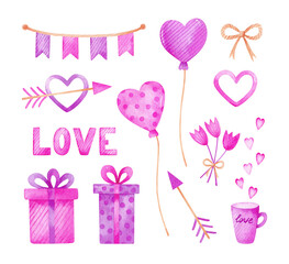 Valentine's day watercolor set with pink and purple balloons, gifts, garland, flowers, arrows and hearts. Festive romantic design. Perfect for your project, greeting cards, covers, stickers, decor.