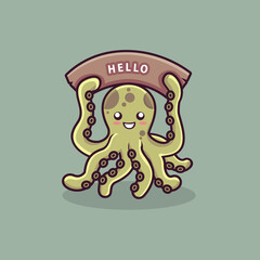 cute octopus cartoon character holding wood banner