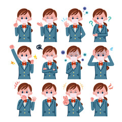 マスクをつけた女子高校生のイラスト素材セット