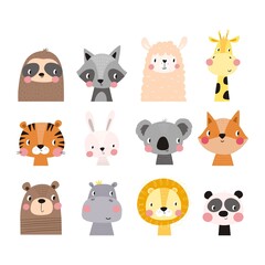 Obraz na płótnie Canvas Cute vector print in scandinavian style. Hand drawn vector illustration for posters, cards, t-shirts. Monochrome sloth, hippo, fox, penguin, deer, tiger, bunny, panda, giraffe, bear