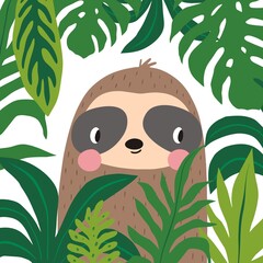 Cute cartoon character sloth/ Vector print with cute sloth bear in tropical leaves © NadezdaBarkova