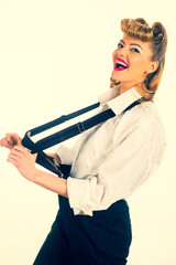 Suspenders. Business style for woman. Happy business lady. Emotions of success. Young girl in the office.