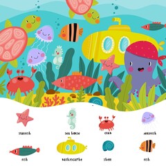 Cute cartoon vector illustration - Sea life. Exploring the underwater world for children. Underwater world. Scientific illustration for children.
