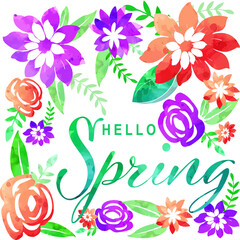 Hello Spring, Vector set of watercolor flowers and leaves