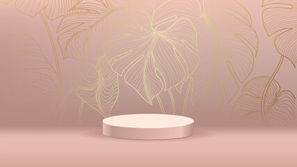 Luxury gold wall arts design with 3d cylinder podium background vector. Abstract minimal scene with gold botanical pattern for cosmetic product display, Stage pedestal for online shopping ad.