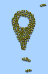 Location mark, pointer or pin map. Point of interest on the plane or route. Simulated virus drawing. A group of coronaviruses forming a signaling element. COVID-19. Face and expression. 3D illustratio