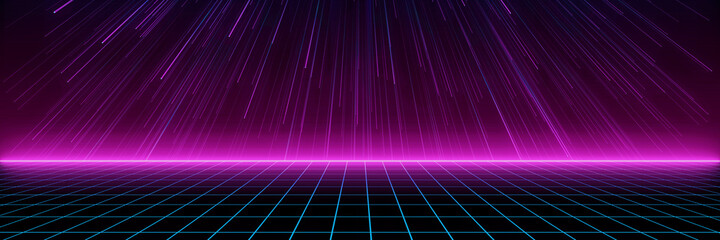 Retro style 80s Sci-Fi Background Futuristic with laser grid landscape. Digital cyber surface style of the 1980`s. 3D illustration. For banner