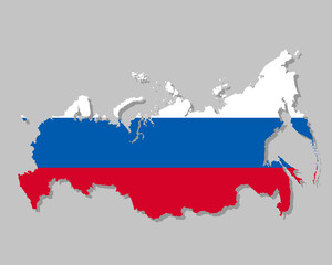 Highly detailed map of Russia with flag. Silhouette of European country map with Russian flag inside vector illustration on light gray background