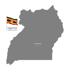 Silhouette of Uganda country map. Gray detailed editable map with waving national flag and Kampala city capital, Eastern Africa country territory borders vector illustration on white background