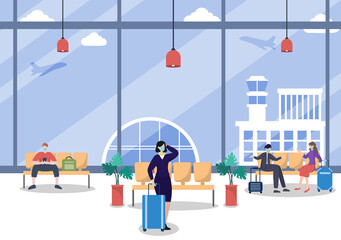 New norma, Vector illustration People in Masks Sitting in Airport Interior Terminal, Business Travel Concept. Flat design.