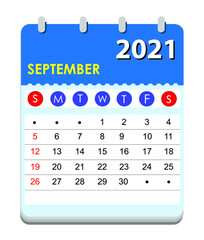 2021 Calendar. Wall calendar template for 2021 year. Monthly calendar ready for print. September Month.