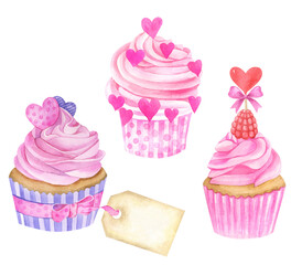 Watercolor hand painted  sweet cupcake, donuts, cakes, ice cream. Bakery delicious dessert isolated objects perfect for scrap booking.