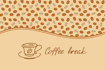 Beige background with coffee cup, coffee break hand lettering and horizontal border of coffee beans. Vector design template for coffee house, coffee shop, cafe, restaurant, cafeteria, banner and flyer