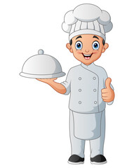 A cartoon happy chef holding a platter