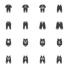 Newborn baby clothes vector icons set, modern solid symbol collection, filled style pictogram pack. Signs, logo illustration. Set includes icons as boy and girl baby jumpsuit, romper suit, pants