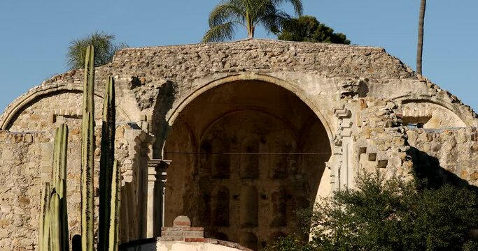 Daytime view of the historic Spanish Colonial era Mission Church in San Juan Capistrano, California, USA.