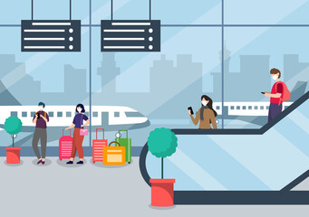 New norma, Vector illustration People in Masks Standing on Escalator Airport Interior Terminal, Business Travel Concept. Flat Design Template