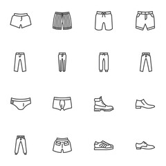 Man clothes line icons set, outline vector symbol collection, linear style pictogram pack. Signs, logo illustration. Set includes icons as underwear pants, summer shorts, trousers, boot, sport shoes