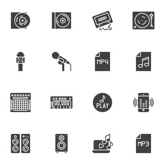 Music vector icons set, modern solid symbol collection, filled style pictogram pack. Signs, logo illustration. Set includes icons as cd disk, audio cassette tape, microphone, amplifier, sound speaker
