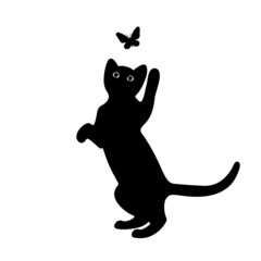 A kitten plays with a flying butterfly. Black silhouette of a cat isolated on white background. The symbol of Halloween. Can be used as a sticker template, logo element, icon for web design.
