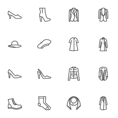 Women clothing line icons set, outline vector symbol collection, linear style pictogram pack. Signs, logo illustration. Set includes icons as high heel shoes, boot, winter coat, scarf, jacket, socks