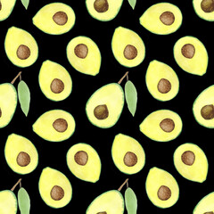 Seamless pattern with avocado halves on a black background. It can be used for fabrics, packaging paper, textiles, postcards, covers, wallpapers, menus. The illustration is hand-drawn in watercolour.