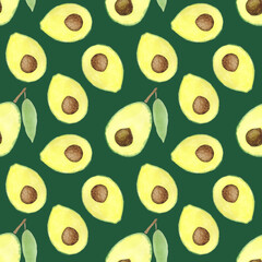 Seamless pattern with avocado halves on a green background. It can be used for fabrics, packaging paper, textiles, postcards, covers, wallpapers, menus. The illustration is hand-drawn in watercolour.