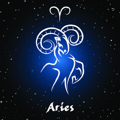 Aries horoscope sign in twelve zodiac with galaxy stars background, graphic of wireframe sheep 