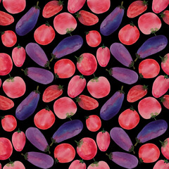 Seamless bright pattern with vegetables on a black background. Tomatoes and eggplants. Drawn in watercolor by hand.