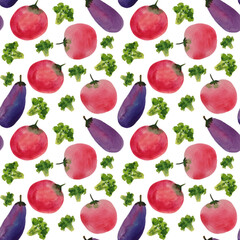 Seamless bright pattern with tomatoes, eggplant and broccoli on a white background. Drawn in watercolor by hand.