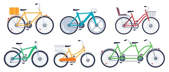 Naklejka premium Bicycle of set color flat for adult and kids. Mountain bicycle, transport exercise, vector illustration