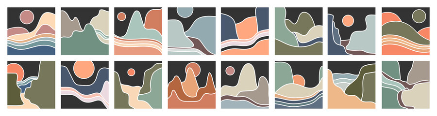 Abstract Landscape icons. Mountains, river, sea view. Hills, sun, moon. For social media and stories. Flat design. Big Set of hand drawn trendy Vector illustrations. Wallpaper templates.