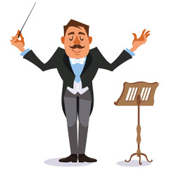 Music conductor conducting with baton. Vector illustration in flat cartoon style.