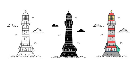 Set of cartoon flat minimalism lighthouses in three variations. Vector illustration
