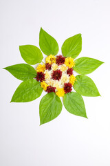 Orange and yellow Marigold Flower and green leaf garland decoration for indian festival