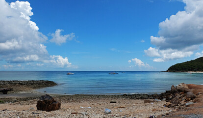 Natural landscape of Blue ocean sea and white sand beach with cloud blue sky
