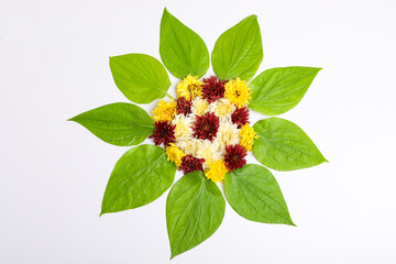 Orange and yellow Marigold Flower and green leaf garland decoration for indian festival