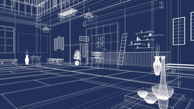 Blue Print Wire Frame Transitions to Full Rendering of a Japanese Dojo or Karate School.  3D Illustration created without reference.  Kanji Symbol on Wall translates to "The Way".