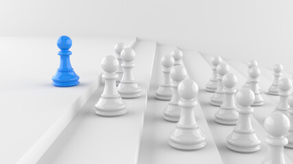 Leadership concept, blue pawn of chess, standing out from the crowd of whites. 3D Rendering