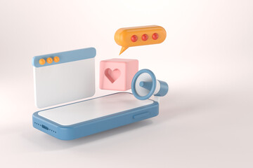 3d rendering of smartphone and website icon.