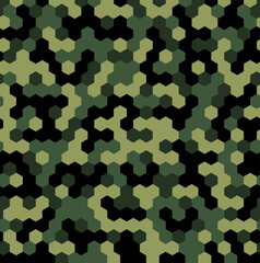 Hexagon Forest Camouflage seamless patterns. Leaf cyber camo. Vector Illustration.