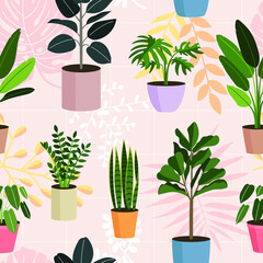 Fototapeta na wymiar House Plants in Pots Seamless Pattern