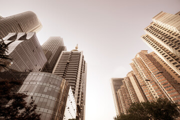 High-rise buildings in the financial district of the city, Qingdao, China.