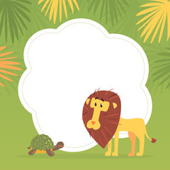 Cute Funny African Animals Banner Template with Space for Text, Cover, Poster, Invitation Card, Flyer Design Template with Lion and Turtle Vector Illustration