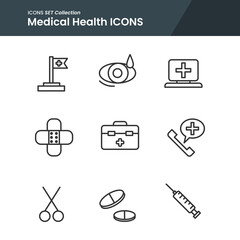 icon set of medical health bandage, emergencu call, vaccine and many more. with line style vector. suitable use for web app and pattern design.