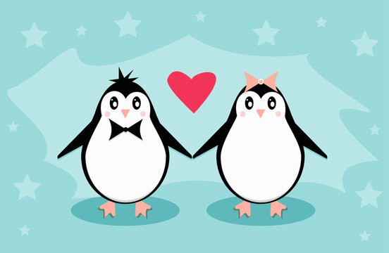 Penguins on a blue background. Valentine's day concept. Animals flat illustration.