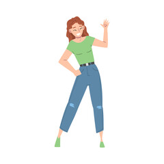Overjoyed Female Character Waving Hand and Smiling with Joy and Excitement Full Length Vector Illustration